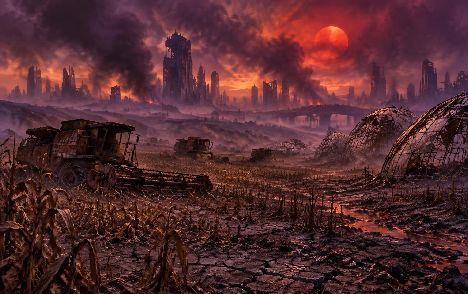 Recorded evidence: scorched farmland, abandoned harvesters and ruined cities under a red sky in 2326