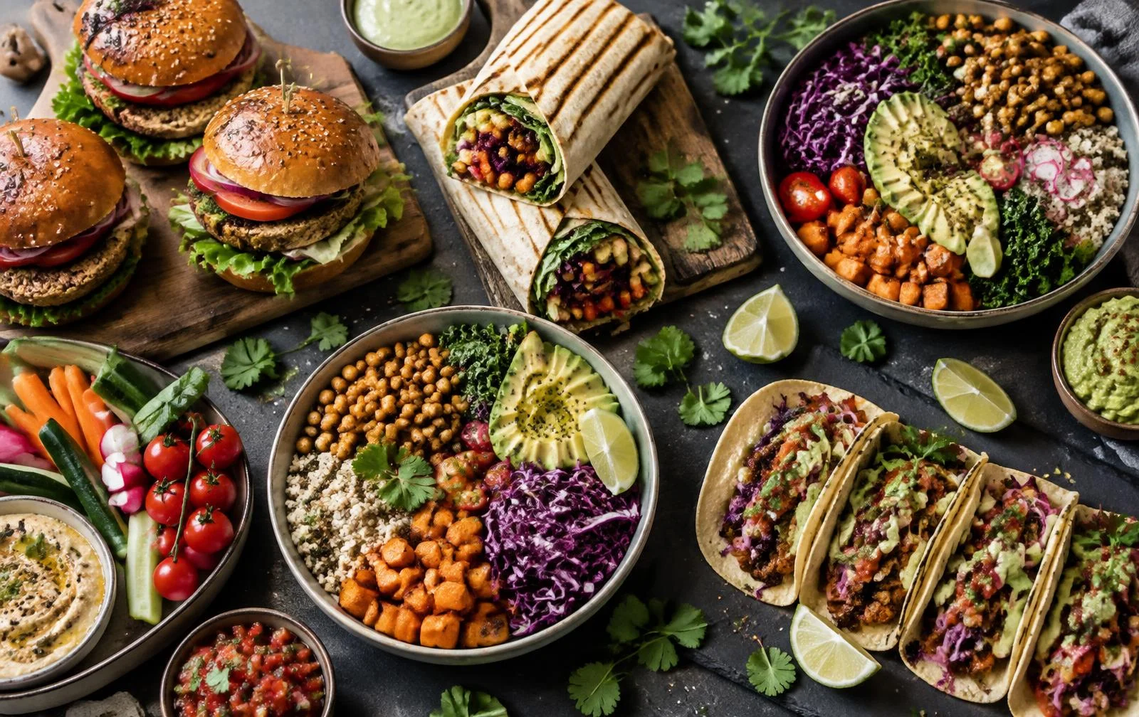 Illustrative example of plant-based catering: burgers, wraps, loaded bowls, tacos and fresh vegetables