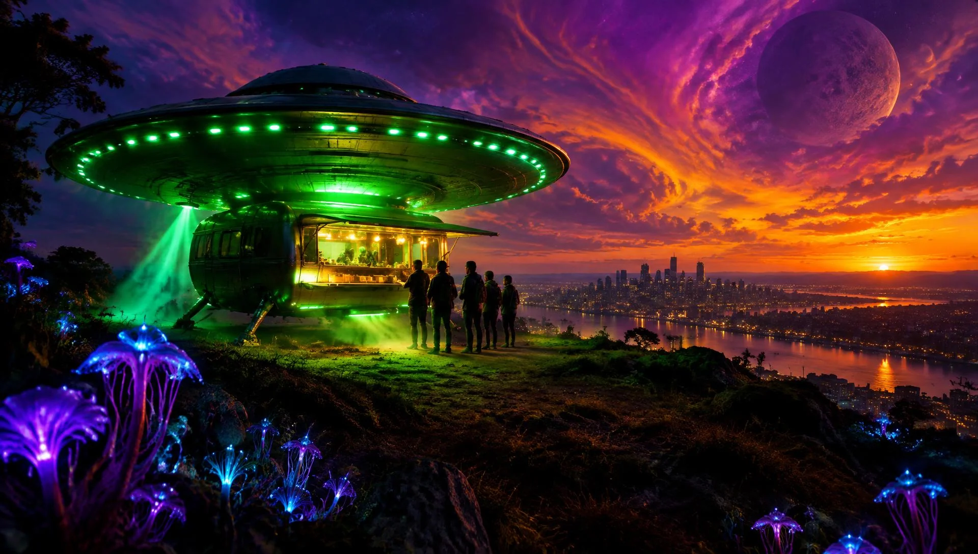 A glowing vessel landing above a city at dusk